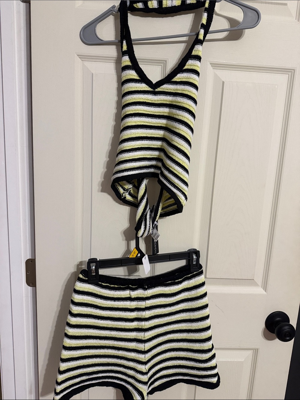 Fashion Nova Striped Tank & Shorts Set - Black, White & lime